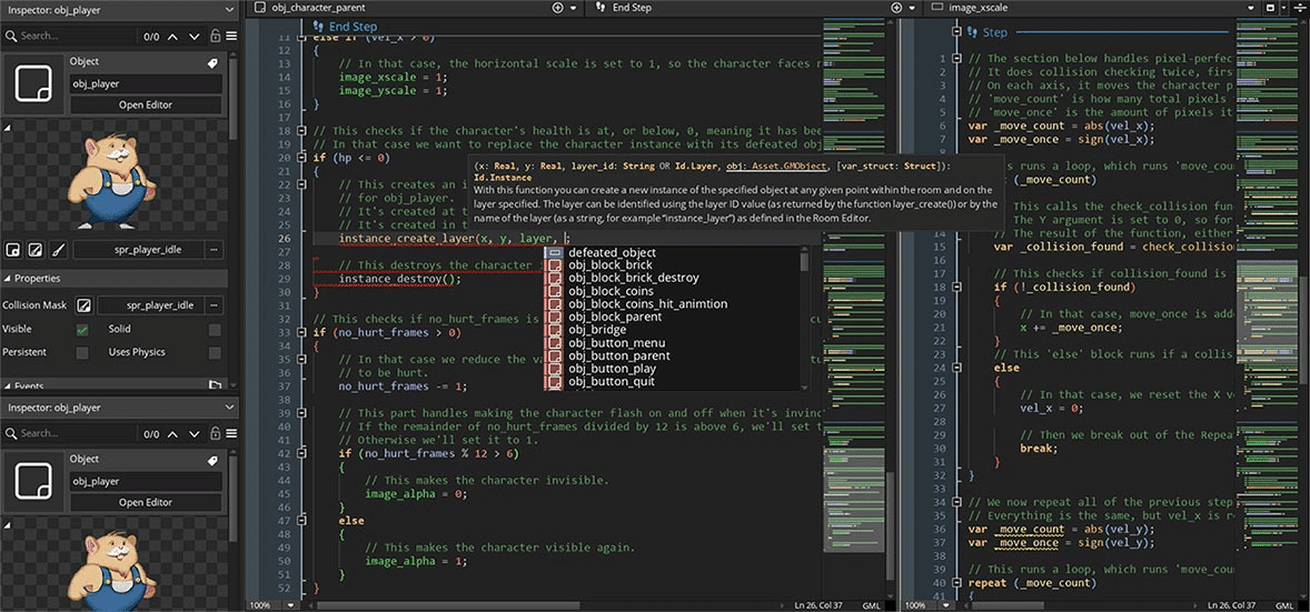 Editor di codice e inspector di gamemaker lts 2026: schermata ufficiale