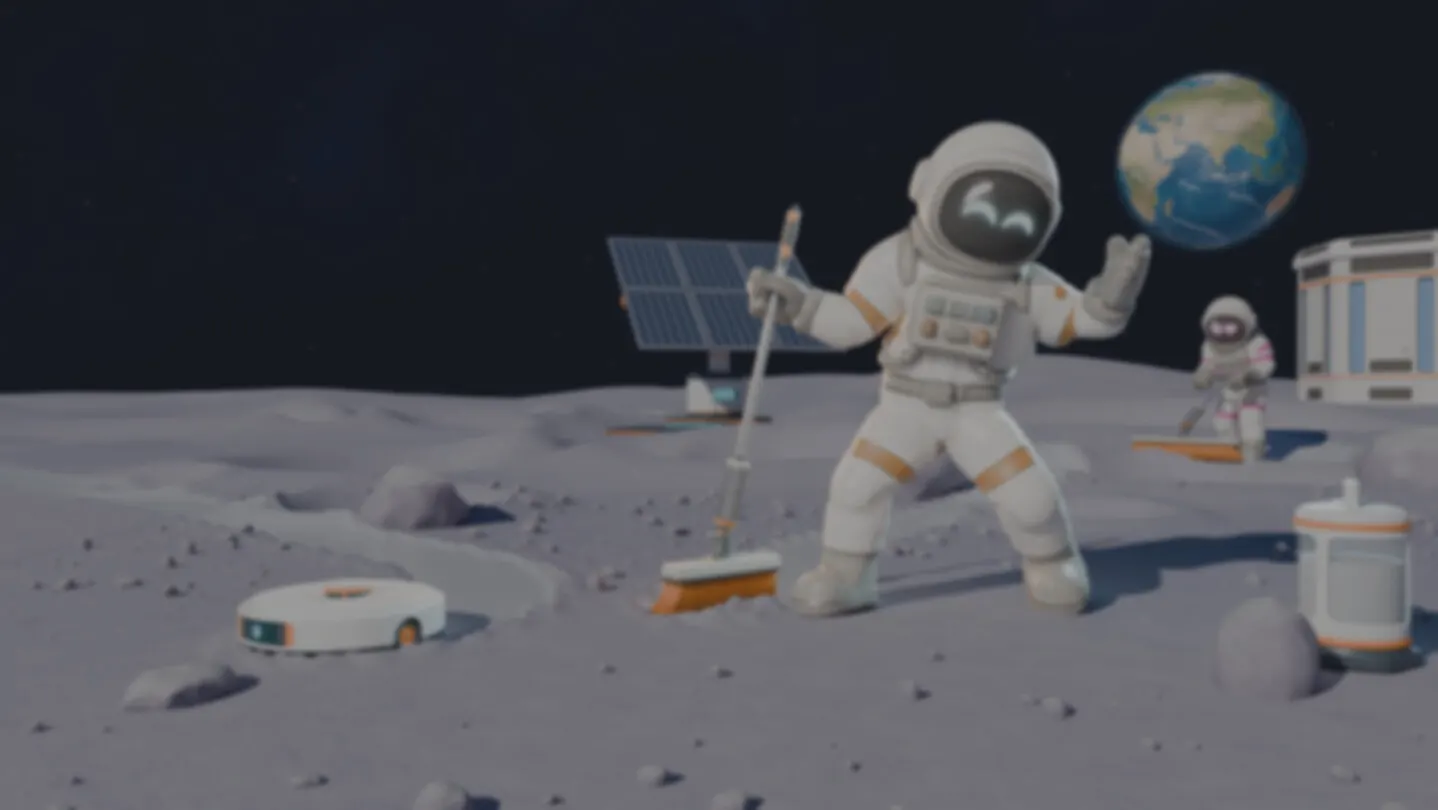 Astronauti di moon sweepers puliscono il suolo lunare con attrezzature e scope