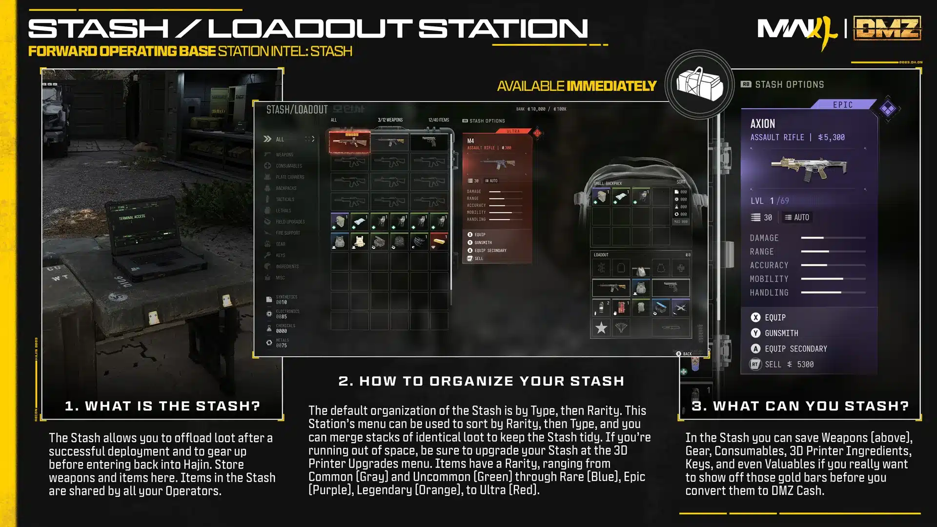 Modern warfare 4 dmz: come ampliare lo stash e trovare i sensori Menu stash della fob con categorie e spazi distinti per armi e oggetti
