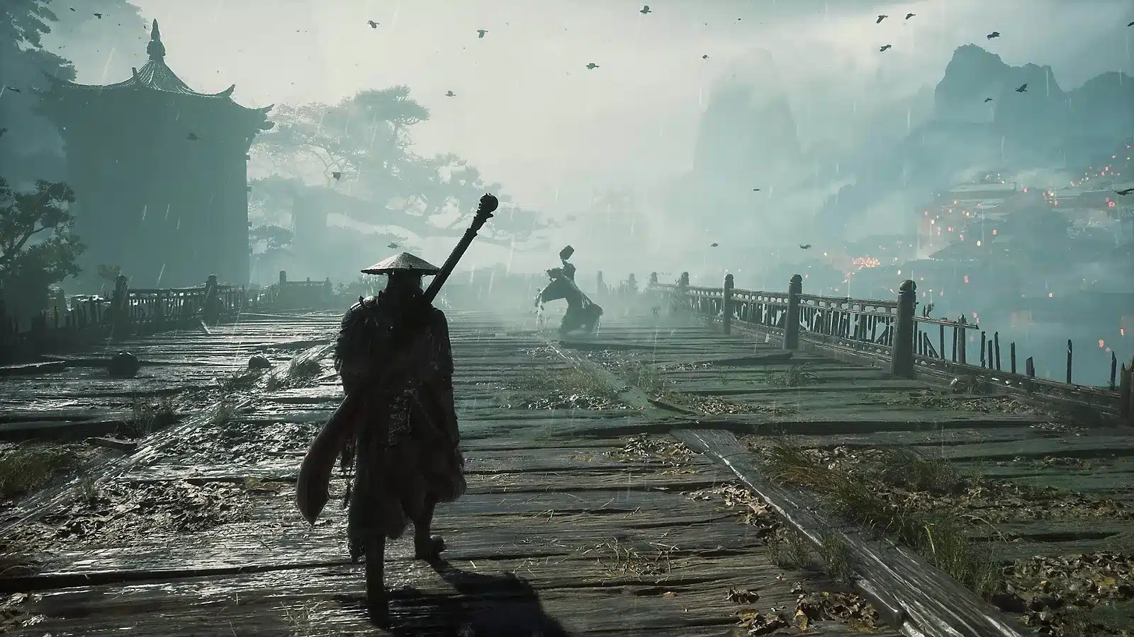 Soul su un ponte sotto la pioggia in phantom blade zero